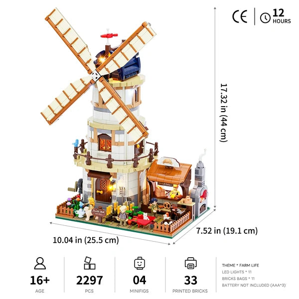 Lumibricks 16012 Dutch Windmill Millhouse – Farm Life Building Blocks with LED Lights | 2297 Pieces