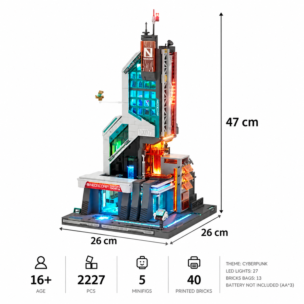 Lumibricks 17011 Cyberpunk Neoncity – Neon Tech Tower Building Blocks with LED Lights | 2227 Pieces