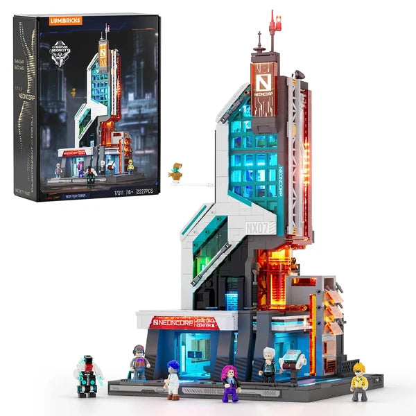Lumibricks 17011 Cyberpunk Neoncity – Neon Tech Tower Building Blocks with LED Lights | 2227 Pieces