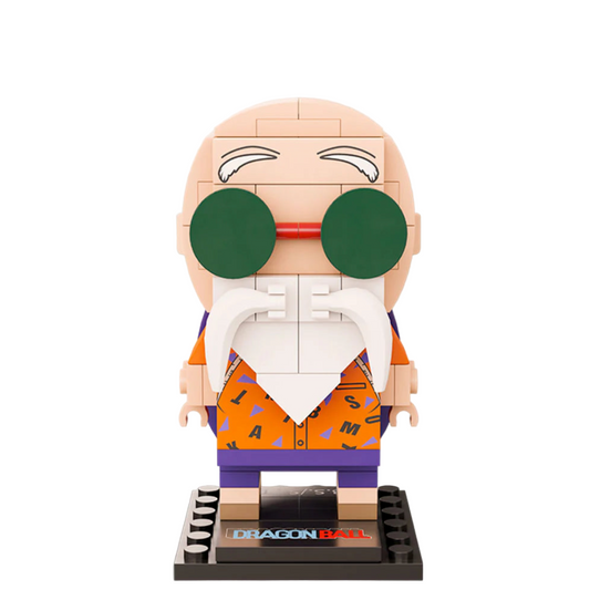 Brick-built figurine of a character from Dragon Ball with green sunglasses and a colorful outfit, featuring the PanTasu logo.