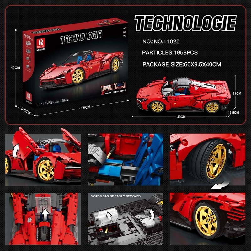 REOBRIX 11025-D Ferrari Daytona SP3 RC Building Block Set (1958PCS) (Motorised with Remote)